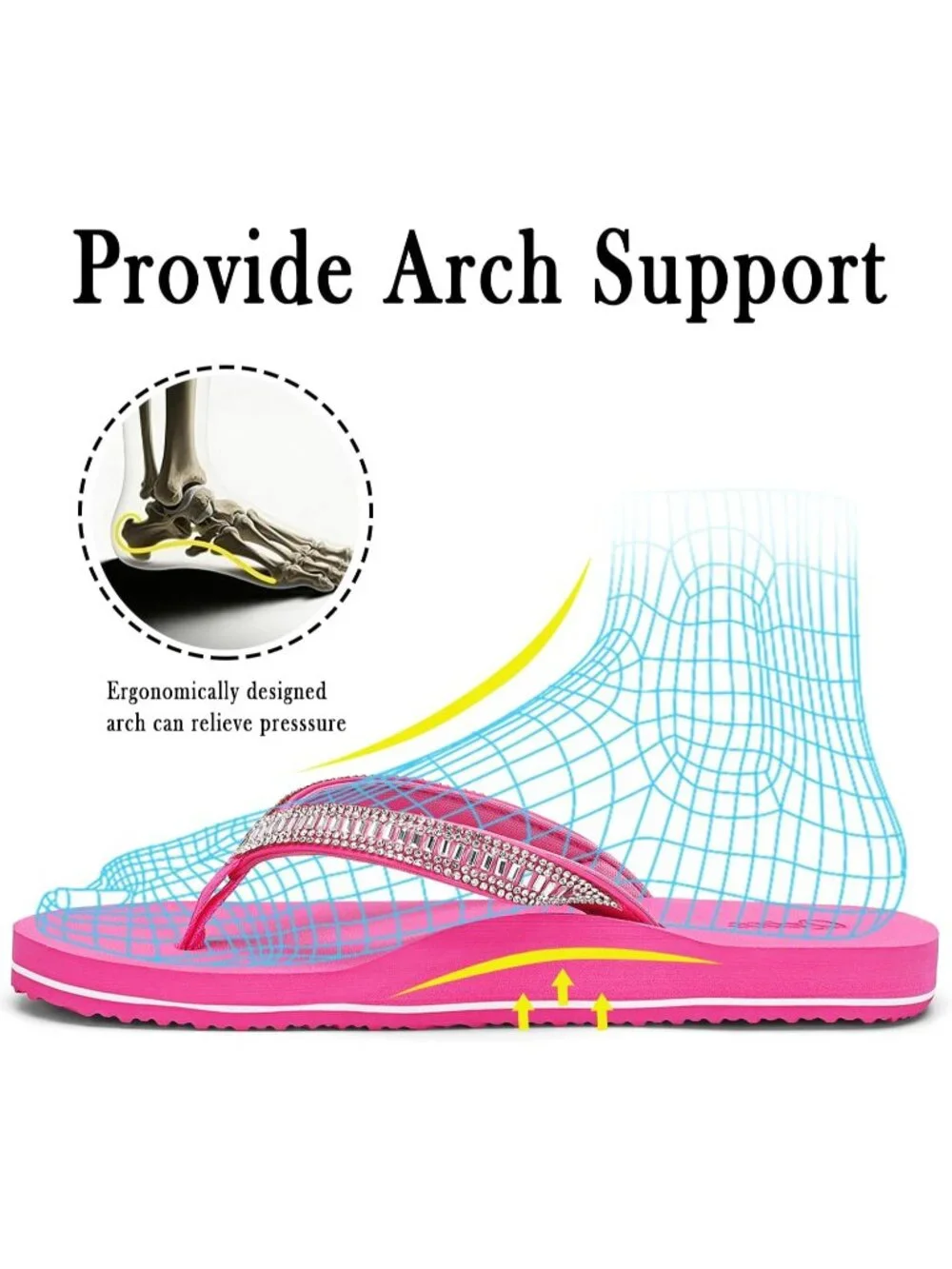 Women's Rose Red Summer Comfortable Flip Flops with Rhinestone Thong Sandals